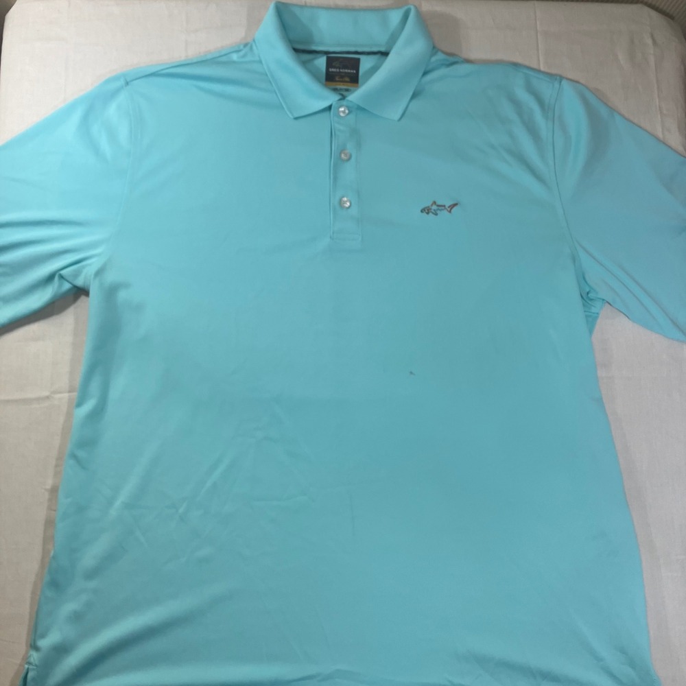 Greg Norman Tasso Elba Five Iron Golf Polo Shirt XL Turquoise Blue PlayDry Shark